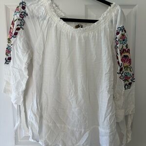 Democracy White Peasant Tunic with Multicolor Floral Sleeve Embroidery